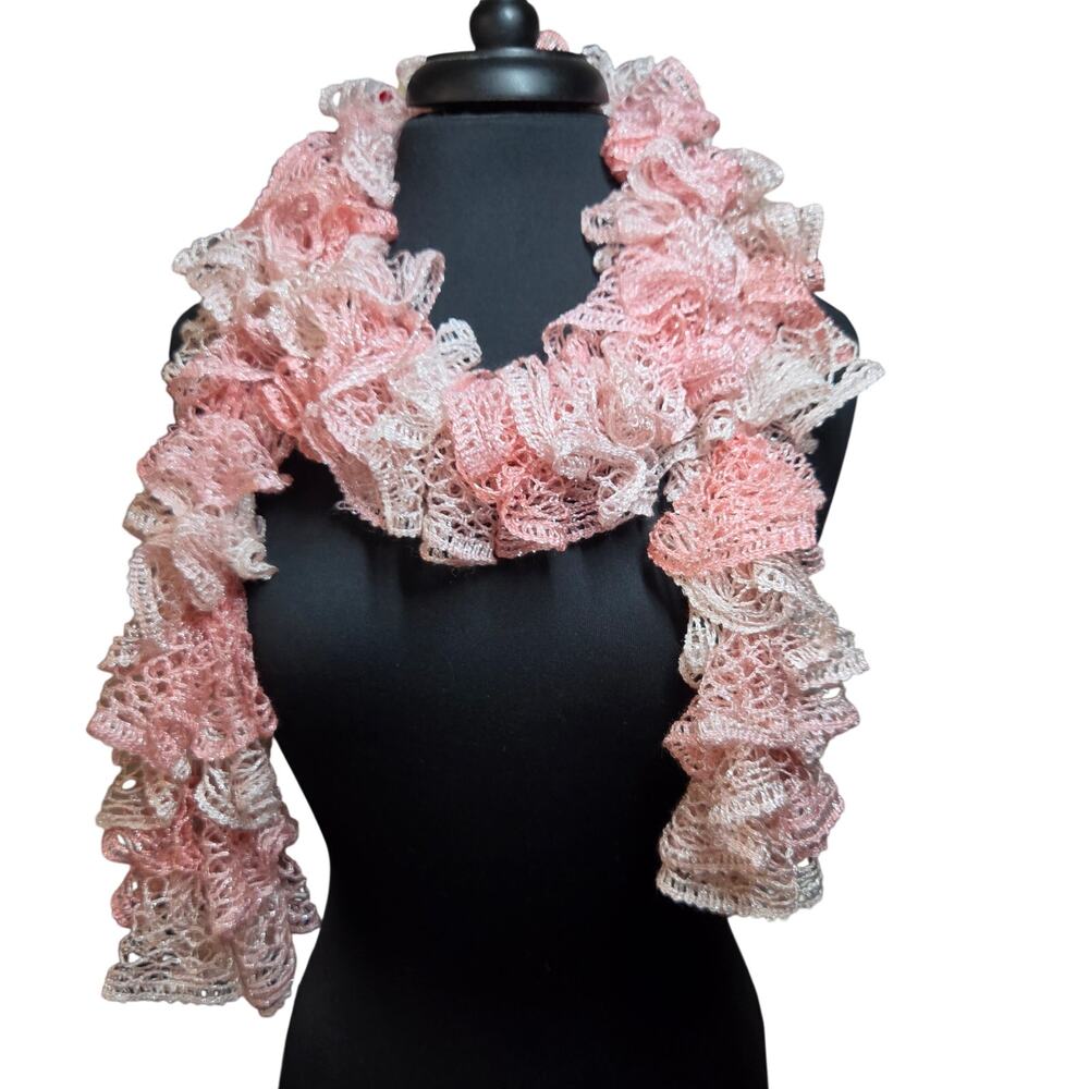 Handmade Crochet Ruffle Scarf Metallic Pink